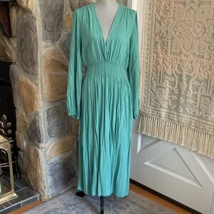 Teal turquoise balloon Sleeve Dress midi tall pleated peasant flowy cotton